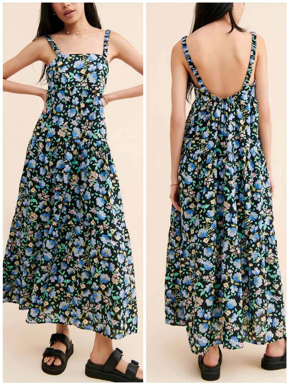 Moon River Floral Black Blue Low Back Maxi Dress, M
